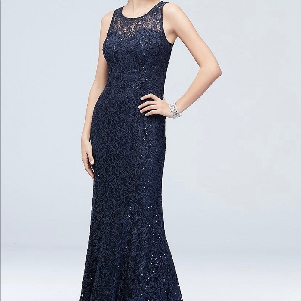 David’s Bridal sequin navy dress with capelet